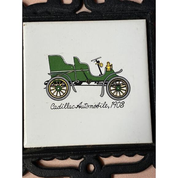 Set of 6 Cast Iron / Tile Mini Trivets with Antique Cars Ardco Japan EUC - Picture 7 of 16